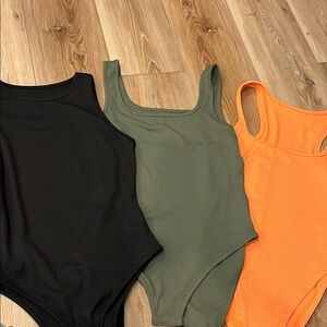 Women’s Ribbed One-Piece Bodysuit - Black, Olive, Orange